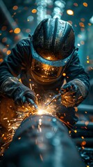 A welder wearing a protective helmet and gloves is welding a metal pipe, sparks are flying from the welding torch.