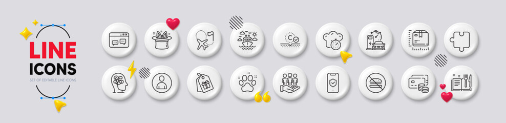 Charging station, Browser window and Collagen skin line icons. White buttons 3d icons. Pack of Best buyers, Hat-trick, Coupons icon. Recipe book, Avatar, Cooking timer pictogram. Vector