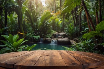 Fototapeta premium Wooden table with tropical forest background for product placement. Generative AI