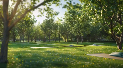 An outdoor yoga session in a serene natural setting, surrounded by trees and fresh air, with an open area on the grass for inserting text or graphics promoting Earth Day celebrations and mindfulness