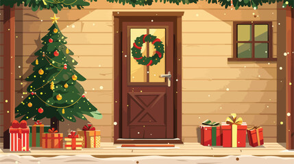 Christmas tree and presents with fir branches near door