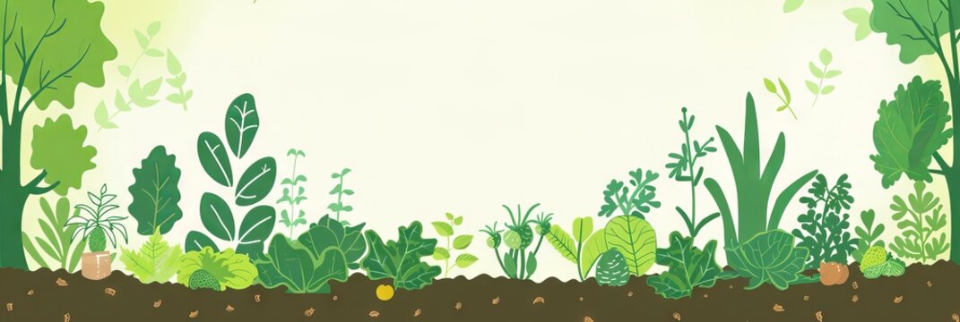 A community garden gathering where people come together to cultivate plants and share sustainable gardening tips, featuring an empty space among the greenery for adding text or graphics promoting