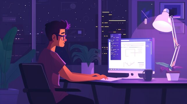 Attractive professional software developer coding program or engineering prompt. Skilled programmer typing computer and laptop while developing system with blurring background. Technology. AIG42.