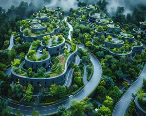 An aerial view of a futuristic city with green curved buildings and lush vegetation.