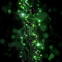 An illustration of a green circuit board with glowing lights. The background is black with green bokeh lights.