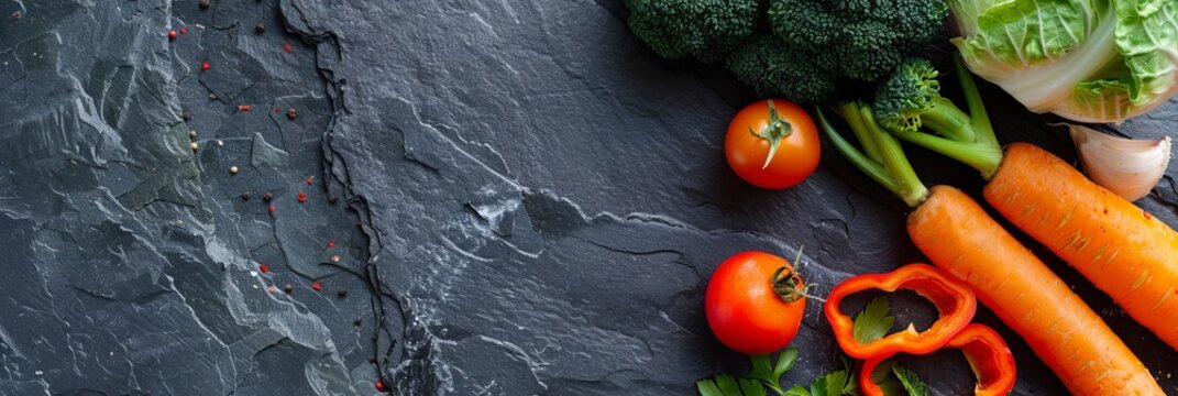 An overhead view of various raw vegetables like carrots, bell peppers, and broccoli arranged in a circular pattern on a dark slate surface, with room for text or graphics. Isolated on A Transparent - Powered by Adobe