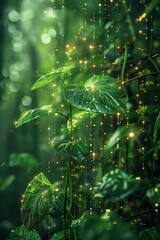 A lush green plant grows in a dense magical forest. The leaves are covered in raindrops that sparkle in the sunlight. The plant is surrounded by a soft, glowing light.