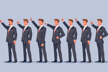 Group of businessmen making gestures of pointing fingers, pointing their hands in the upward direction, vector illustration.
