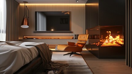 A bedroom with a sleek, wall-mounted TV, a contemporary fireplace, and a comfortable reading chair