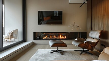 A bedroom with a sleek, wall-mounted TV, a contemporary fireplace, and a comfortable reading chair