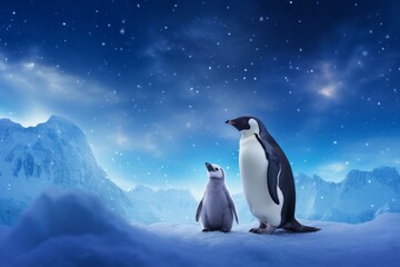 Fototapeta premium ペンギンの親子と夜景