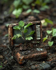 A small plant growing out of an old computer