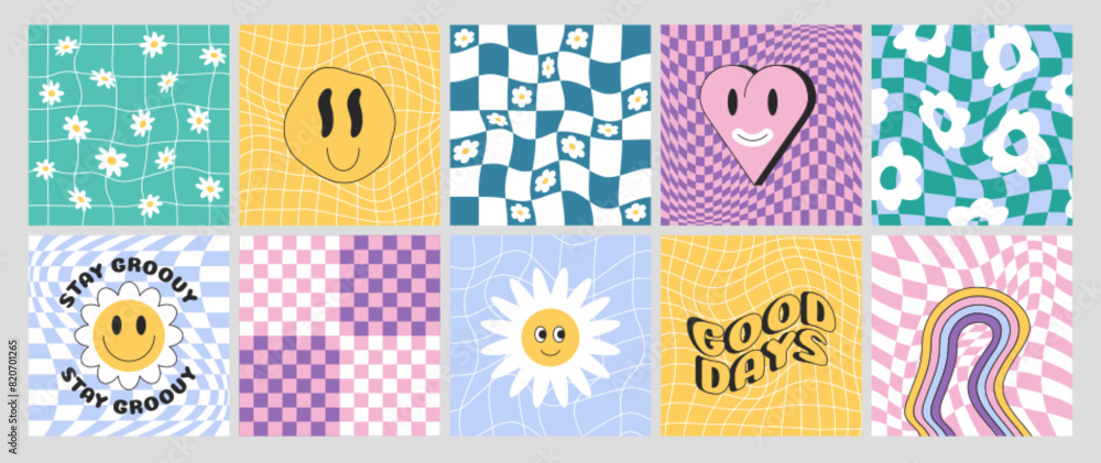 Poster checkerboards with distorted grid tile. checkered seamless y2k pattern with optical illusion effect.