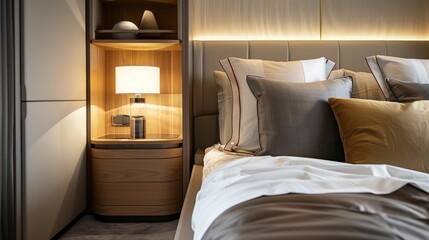 A bedroom with a sophisticated, built-in headboard, a modern bedside lamp, and a luxurious duvet cover