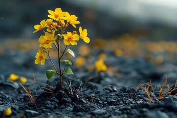 A single flower blooms in a field of ash and stone