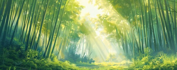 A tranquil bamboo forest with sunlight filtering through the dense canopy and casting dappled shadows.   illustration.