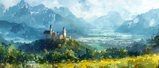A picturesque hilltop castle overlooking a lush valley, Watercolor Painting Style
