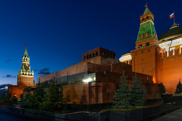 Mausoleum of Vladimir Ilyich Lenin on Red Square in Moscow in the early autumn morning