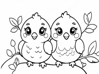 Obraz premium The default coloring book page on a white background depicts cute birds