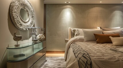 A bedroom with a sophisticated, glass-top nightstand, a contemporary bedspread, and a unique, wall-mounted sculpture - Powered by Adobe