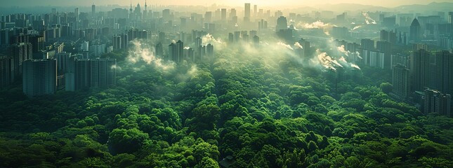 A lush green forest exists in harmony with a bustling cityscape in the distance