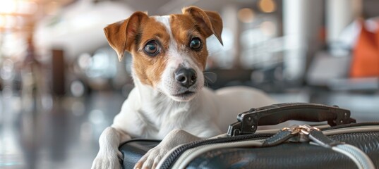 Adorable puppy travel adventure  dog in suitcase at airport with plane in background