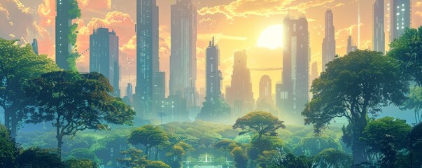 A futuristic utopia where advanced technology and sustainable living coexist, with gleaming skyscrapers and lush green parks stretching as far as the eye can see.   illustration.