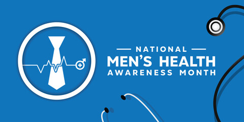 National Mens Health Awareness Month. Tie, Man icon and stethoscope. Great for cards, banners, posters, social media and more. Blue background. 