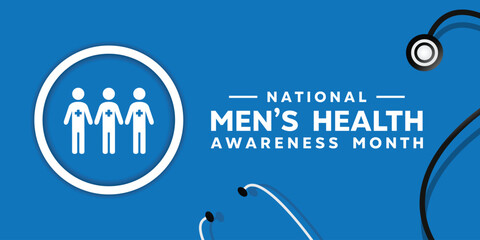 National Mens Health Awareness Month. People icon, plus icon and stethoscope. Great for cards, banners, posters, social media and more. Blue background. 