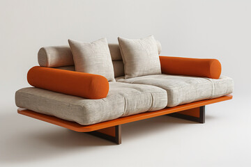 Modern twoseater sofa with orange cushions and armrests made of fabric on a white background