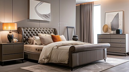 A bedroom with a sophisticated, leather-upholstered bed, a sleek dresser, and a contemporary table lamp