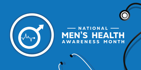 National Mens Health Awareness Month. Man icon and stethoscope. Great for cards, banners, posters, social media and more. Blue background. 