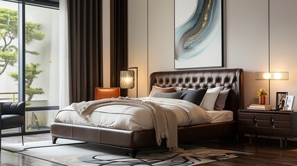 A bedroom with a sophisticated, leather-wrapped bed frame, a modern art print, and a designer table lamp