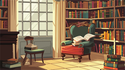 Collection of old books in interiors of room Vector illustration