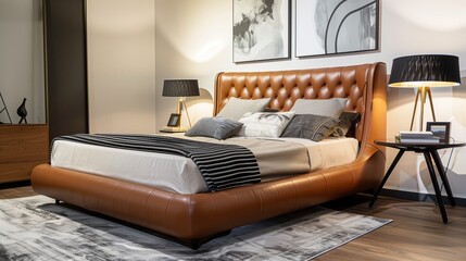 A bedroom with a sophisticated, leather-wrapped bed frame, a modern art print, and a designer table lamp
