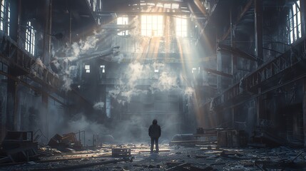 A lone figure stands in an abandoned industrial building