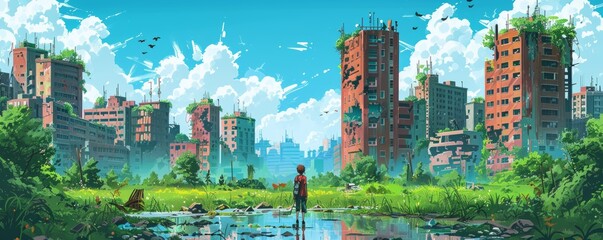 Obraz premium A post-apocalyptic city reclaimed by nature, its crumbling buildings and overgrown streets now home to wildlife and vegetation. illustration.