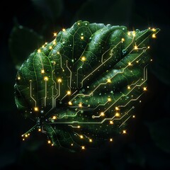 A circuit board in the shape of a leaf. The circuit board is made of copper and has a green background. The leaf is lit up with yellow lights.