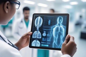 The doctor looks at the x-ray results on the tablet screen. Medical professionals use advanced technology to access health information.