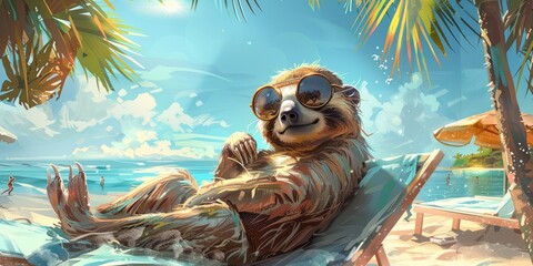 Obraz premium sloth is on summer vacation at seaside resort and relaxing on summer beach art illustration
