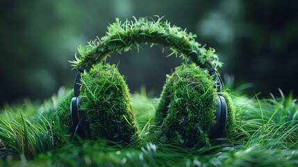 Create an image of a pair of headphones made of moss-covered metal sitting on a bed of moss