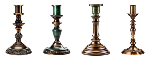 Collection set of Antique bronze candlesticks isolated on transparent background