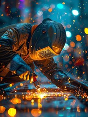A welder wearing protective gear is welding a metal surface with sparks flying in all directions.