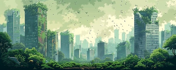 A post-apocalyptic cityscape reclaimed by nature, with crumbling skyscrapers and overgrown streets now home to wildlife and vegetation.   illustration.