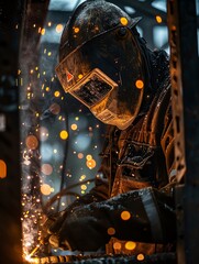 A welder wearing protective gear is welding a metal beam. The sparks from the welding are flying in all directions. The welder is focused on his work.