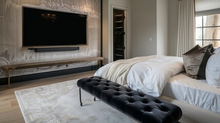 A bedroom with a sophisticated, wall-mounted TV, a contemporary bed, and a plush, velvet bench