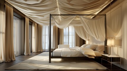 A bedroom with a stunning, architectural ceiling design, a modern four-poster bed, and elegant drapery