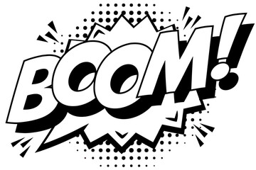 Boom pop art style black white color dotted background, reminiscent of classic comic book exclamations © Chikichirony