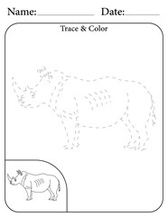 Rhino Printable Activity Page for Kids. Educational Resources for School for Kids. Kids Activity Worksheet. Trace and Color the Shape