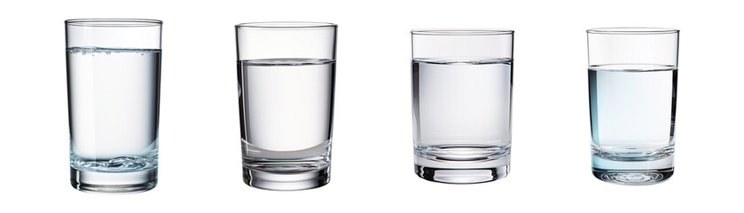 Collection set of Glasses of water isolated on transparent background